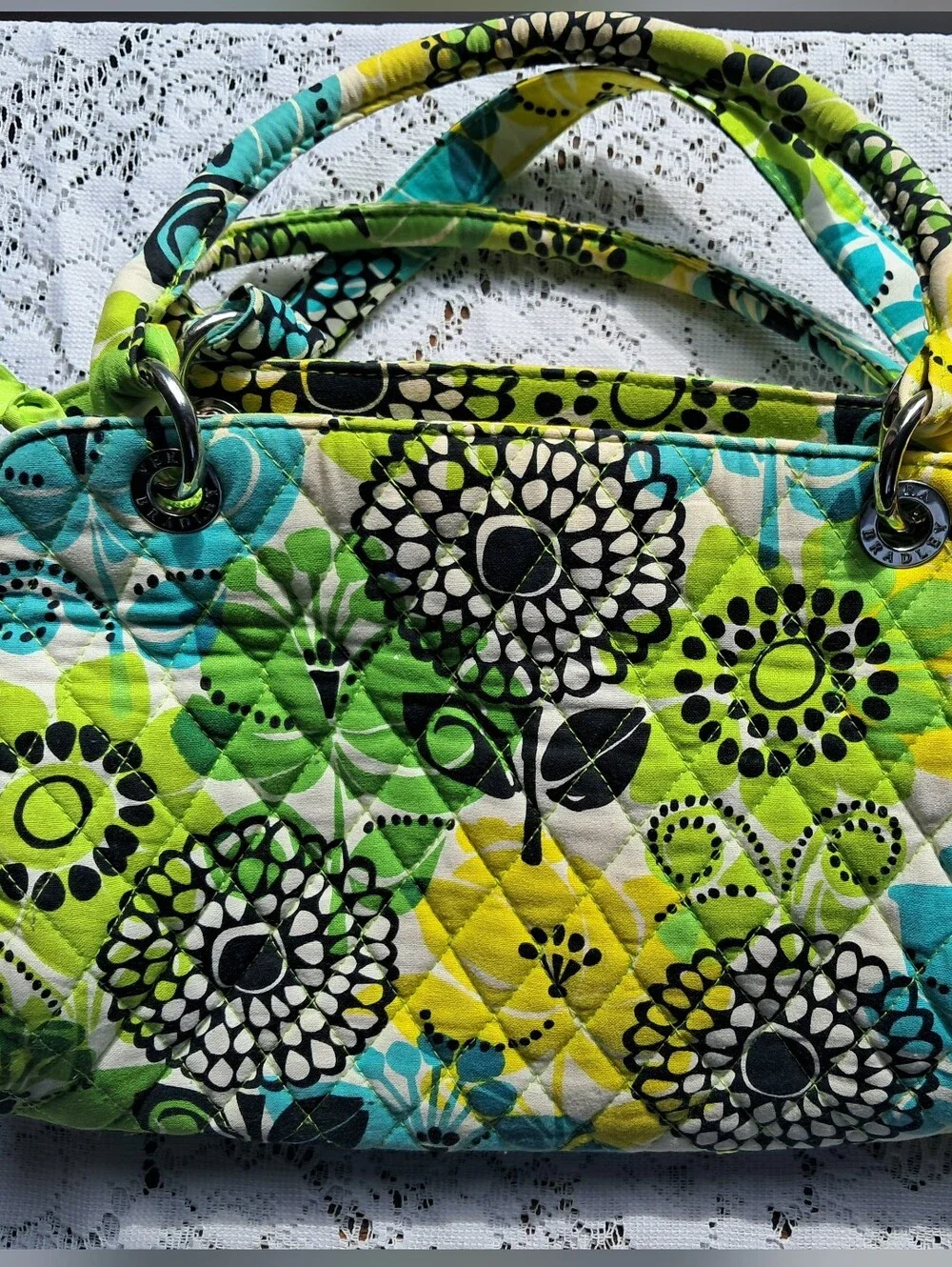 EUC Vera Bradley Green & Teal Leaf-Print Tote Detachable Chain Strap Purse - Picture 14 of 14